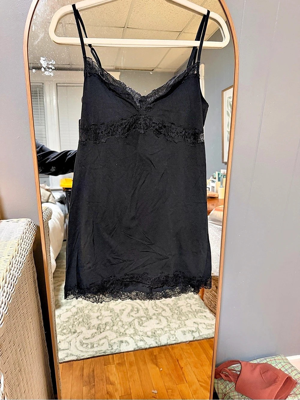 Skims Cotton Lace Trim Slip Dress in Black Size Medium NWT